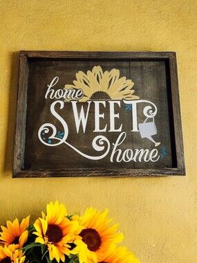 Handpainted Home Sweet Home Sign With Yellow Flower & Watering Can Design
